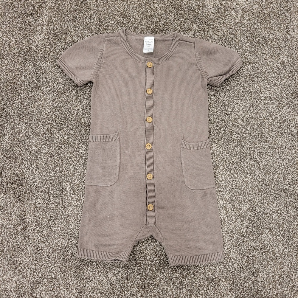 Carters 18M Taupe Brown Cotton Knit Romper Button Front Short Sleeve